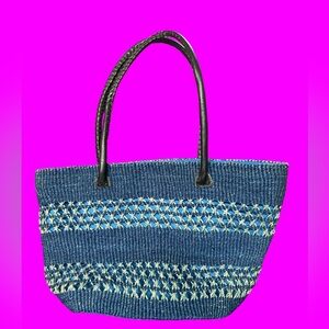 Stylish Blue Two-Tone Cream Woven Medium Size Tote Bag